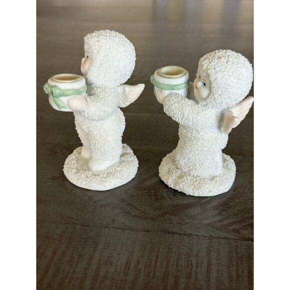 Pair of Nobel Ball Snow Baby Angel Candle Holders 4” Tall Figurines Set of 2 - Picture 1 of 6